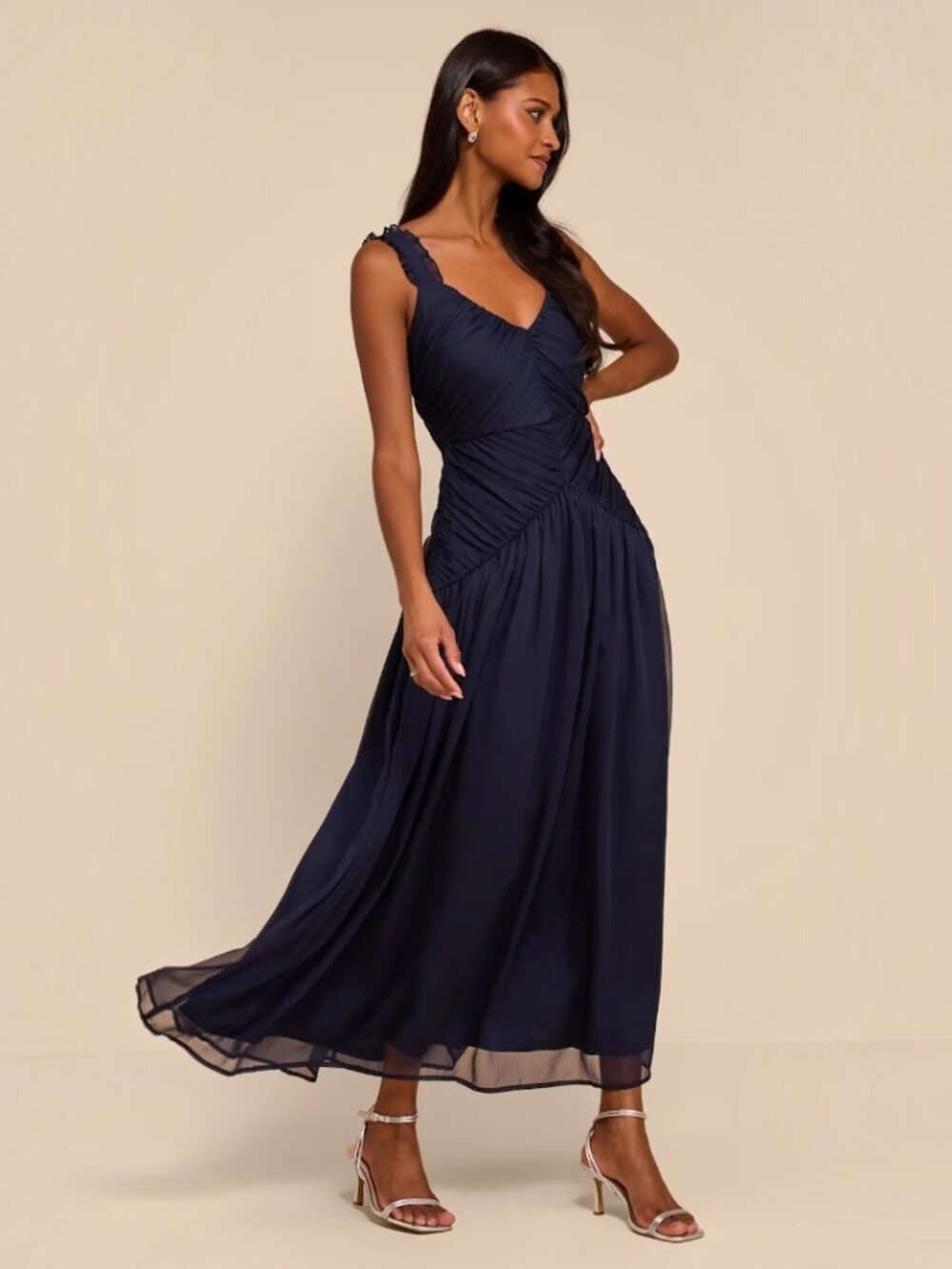 Lulus Laufey Navy Blue Pleated Drop Waist Midi Dress NWT - Picture 4 of 10